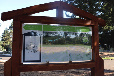 Kiosk – map of Wood Village and surrounding area – Gorge Hub map – symbol says Hike, Bike and Explore